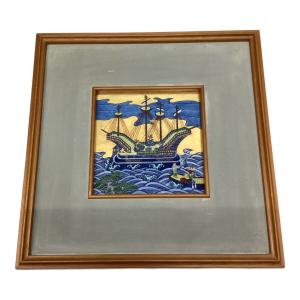 源右衛門窯 (ゲンエモンガマ) 陶板 染錦和蘭交易図