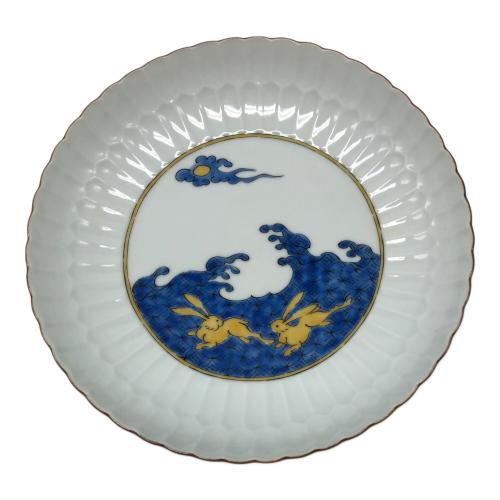 中村元風 今九谷凛輪花 青海波ニ兎図皿　未使用品