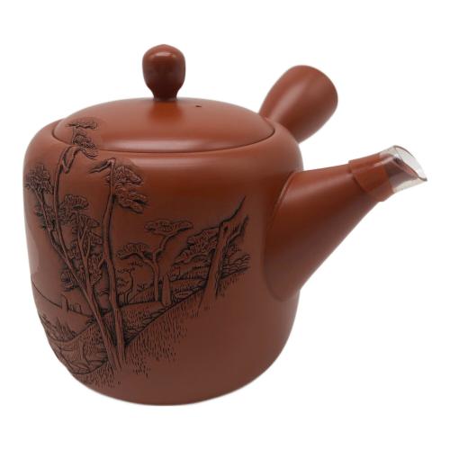 常滑焼 (トコナメヤキ) 朱泥彫込急須 歌川広重【東海道五十三次 】「白須賀」 潮見坂図 伝統工藝士 吉川雪堂 作