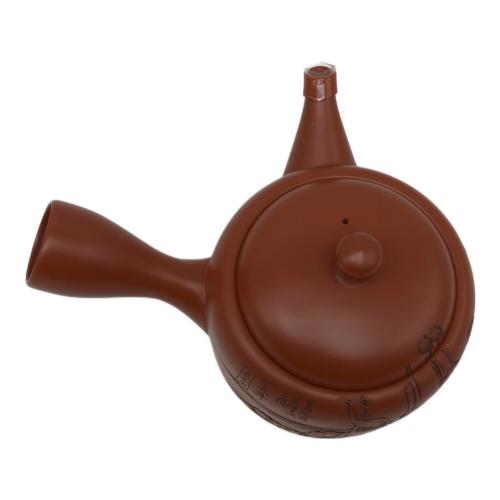 常滑焼 (トコナメヤキ) 朱泥彫込急須 歌川広重【東海道五十三次】「荒井」 渡舟図 伝統工藝士 吉川雪堂作