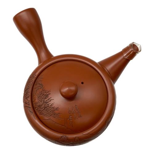 常滑焼 (トコナメヤキ) 朱泥彫込急須 歌川広重【東海道五十三次】「石部」目川ノ里 伝統工藝士 吉川雪堂 作