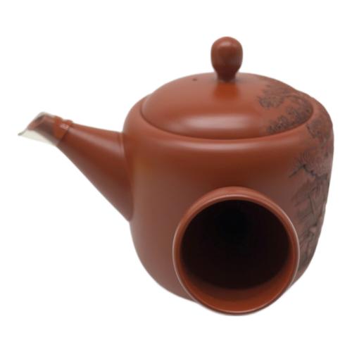 常滑焼 (トコナメヤキ) 朱泥彫込急須 歌川広重【東海道五十三次】「袋井」出茶屋ノ図 伝統工藝士 吉川雪堂 作