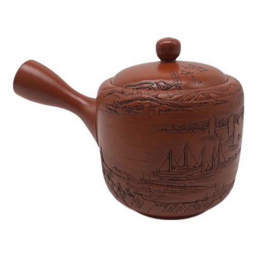 常滑焼 (トコナメヤキ) 朱泥彫込急須 歌川広重【東海道五十三次】「江尻」三保遠景 伝統工藝士 吉川雪堂 作