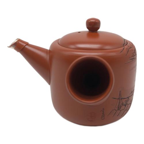 常滑焼 (トコナメヤキ) 朱泥彫込急須 歌川広重【東海道五十三次】「江尻」三保遠景 伝統工藝士 吉川雪堂 作