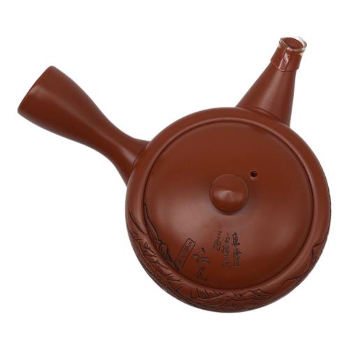 常滑焼 (トコナメヤキ) 朱泥彫込急須 歌川広重【東海道五十三次】「江尻」三保遠景 伝統工藝士 吉川雪堂 作