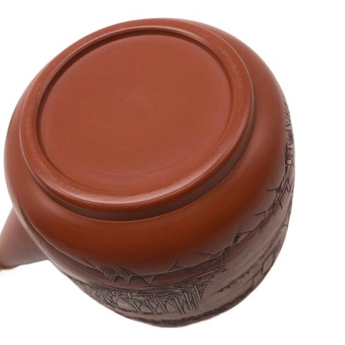 常滑焼 (トコナメヤキ) 朱泥彫込急須 歌川広重【東海道五十三次】「江尻」三保遠景 伝統工藝士 吉川雪堂 作