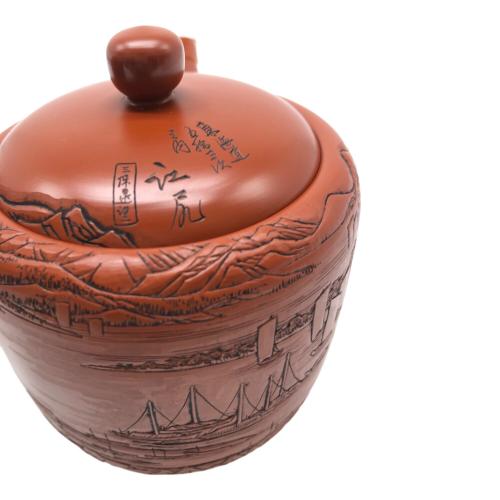 常滑焼 (トコナメヤキ) 朱泥彫込急須 歌川広重【東海道五十三次】「江尻」三保遠景 伝統工藝士 吉川雪堂 作