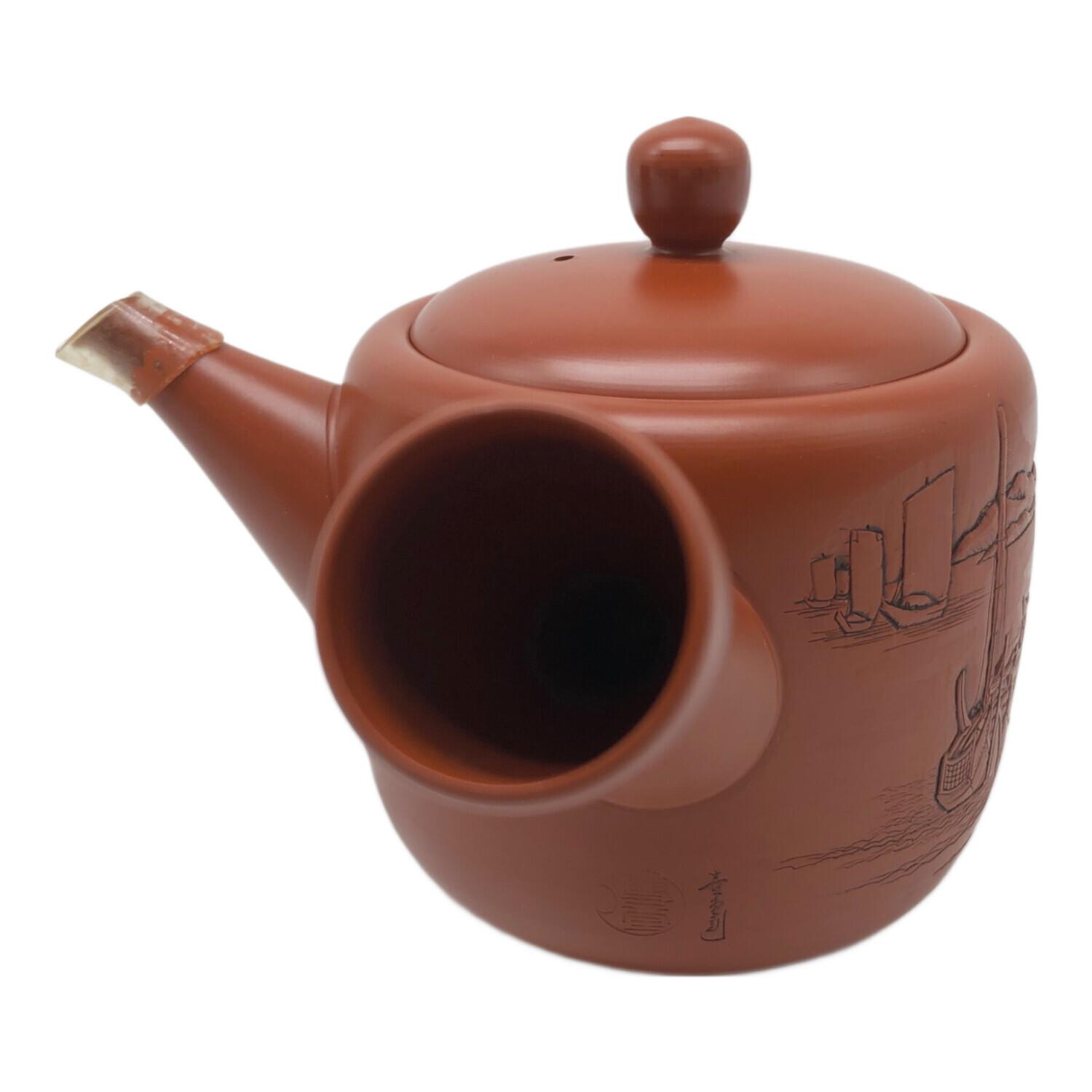 常滑焼 (トコナメヤキ) 朱泥彫込急須 歌川広重【東海道五十三次