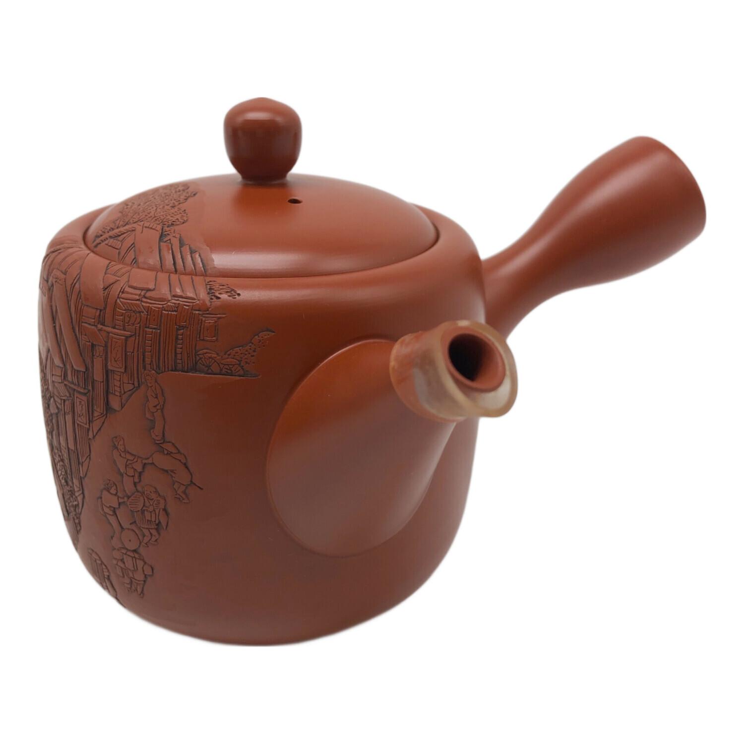 常滑焼 (トコナメヤキ) 朱泥彫込急須 歌川広重【東海道五十三次