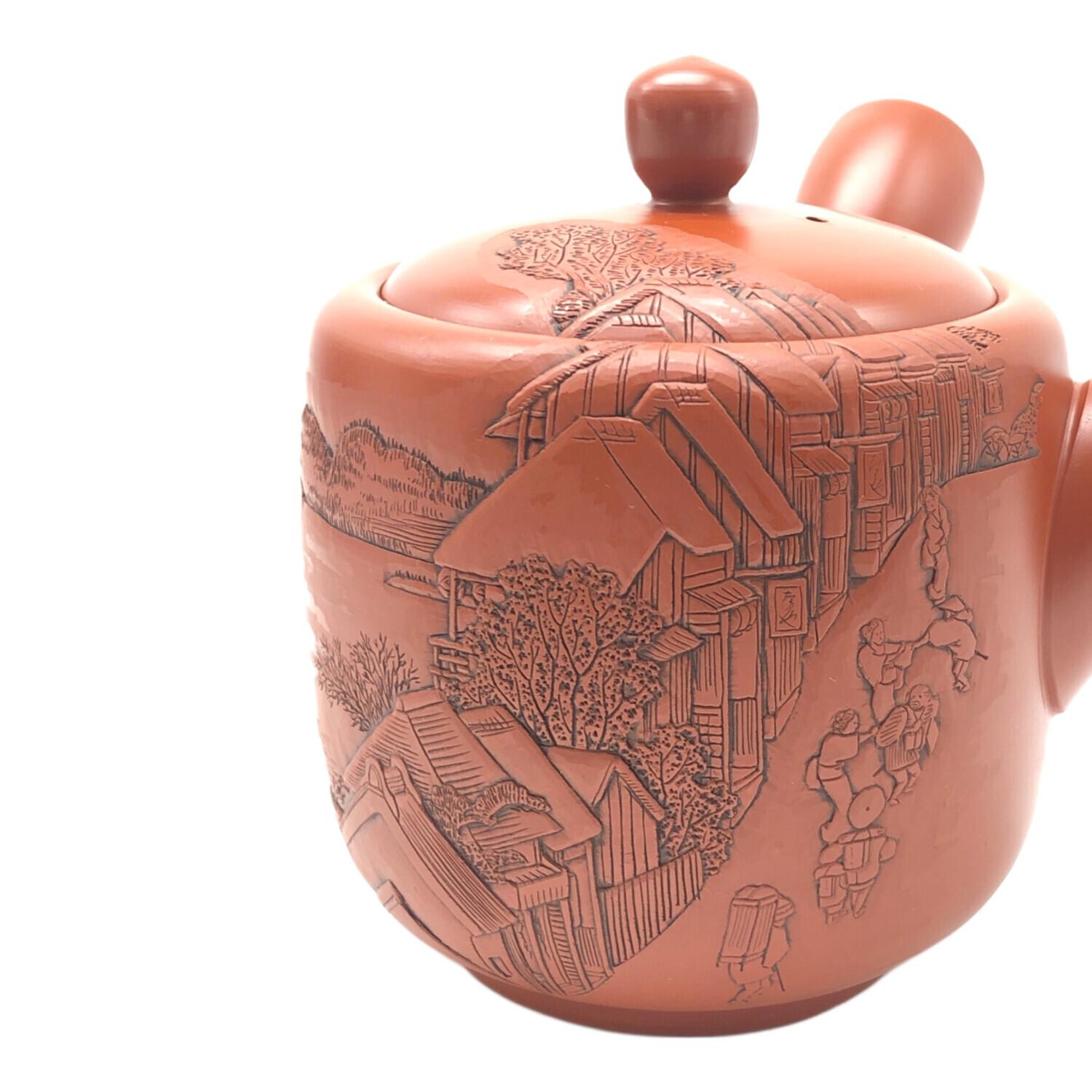 常滑焼 (トコナメヤキ) 朱泥彫込急須 歌川広重【東海道五十三次