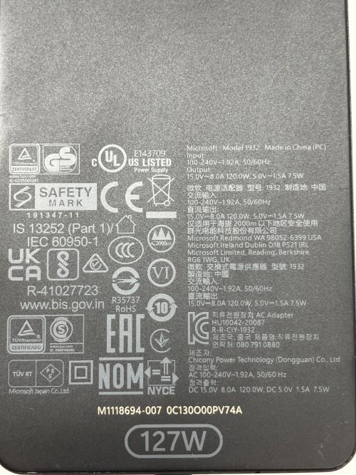 電源関連 Microsoft Surface Book 3 15 インチ 、Surface Laptop Studio 用 127W ACアダプター