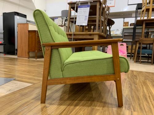 ウッドアーム2人掛けソファー ブラウン×グリーン
