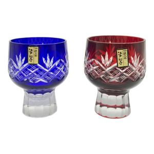 江戸切子 (エドキリコ) 赤被台付ワイングラス 矢来かすり