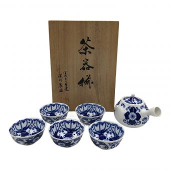 深川製磁 (フカガワセイジ) 茶器揃え 染付菊唐草 急須1・湯呑み5セット