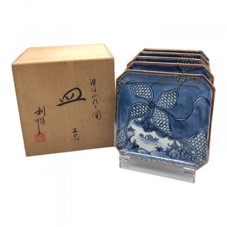 ※最終値！平安利昌/加藤利昌 　造　祥瑞一閑人?　角皿2枚セット★唐子付き 加藤利昌 (カトウトシマサ) 京焼 平安 染付山水之図 角皿 5客揃