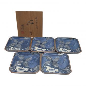 京焼 平安 加藤利昌 (キョウヤキ ヘイアン カトウトシマサ) 染付山水之図 角皿 5客揃 年代物