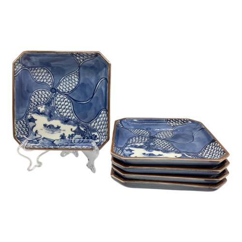 京焼 平安 加藤利昌 染付山水之図 角皿 5客揃