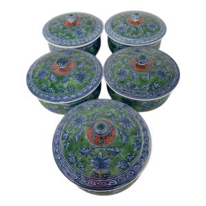 舘林源右衛門 染錦緑彩唐草文 湯呑み揃え 茶托/茶櫃なし