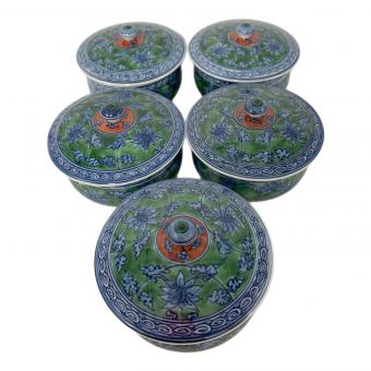 舘林源右衛門 染錦緑彩唐草文 湯呑み揃え 茶托/茶櫃なし