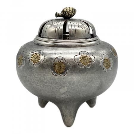 河内光明 香炉/香合揃 鍛金 共箱/台座付 香炉:277.5g 香合:59.8g