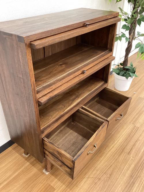 チーク材　フラップ扉キャビネット