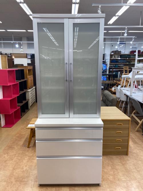 Pamouna (パモウナ) 2枚扉食器棚 ホワイト×シルバー ソフトクローズ引き出し