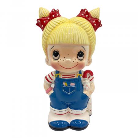 内藤ルネ 女の子 赤リボン 貯金箱 陶器製 フィギュリン 昭和レトロ