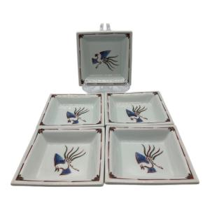 源右衛門窯 (ゲンエモンガマ) 銘々皿 赤呉須花鳥 5Pセット