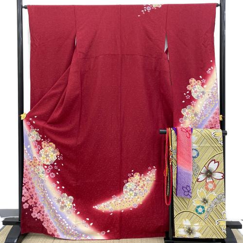 振袖　袋帯　帯締め　帯揚げ　セット　袷　Ｍサイズ　赤色　金糸　仕立て上がり　和装