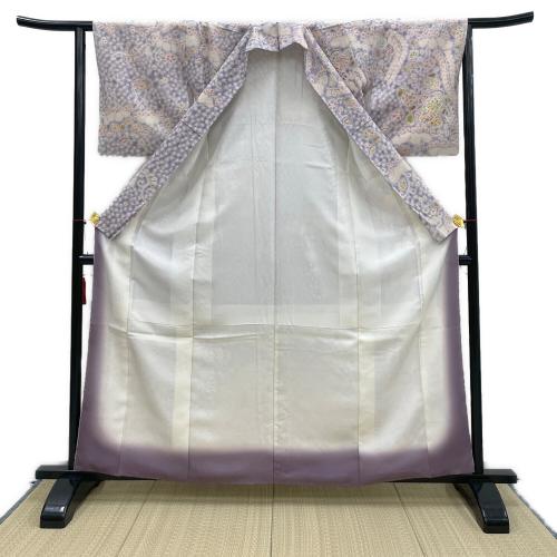 十七代京屋林蔵　本結城草木染め訪問着　袋帯　長襦袢　帯締め　帯揚げ　セット　袷　Lサイズ　落款有　木箱付　紬地　絞り　辻が花　紫色　仕立て上がり　和装