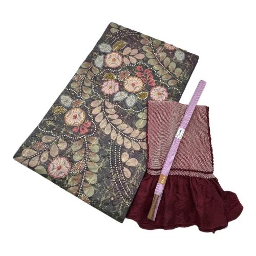 十七代京屋林蔵　本結城草木染め訪問着　袋帯　長襦袢　帯締め　帯揚げ　セット　袷　Lサイズ　落款有　木箱付　紬地　絞り　辻が花　紫色　仕立て上がり　和装