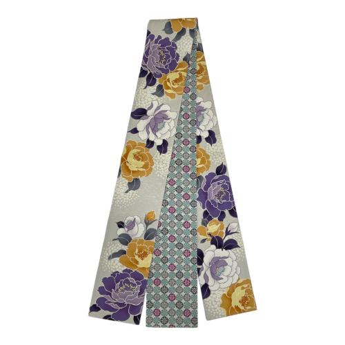 WAKKA 半幅帯 正絹 タグ付 リバーシブル 花柄 牡丹 ライトグレー 仕立て上がり 和装