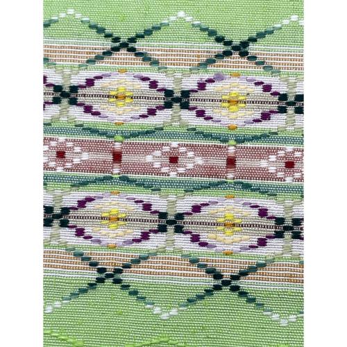 手織工房おおしろ　九寸名古屋帯　松屋扱い　本場琉球　南風原　花織　証紙付　正絹　黄緑色　仕立て上がり　和装