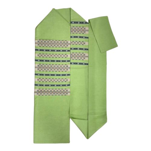 手織工房おおしろ　九寸名古屋帯　松屋扱い　本場琉球　南風原　花織　証紙付　正絹　黄緑色　仕立て上がり　和装