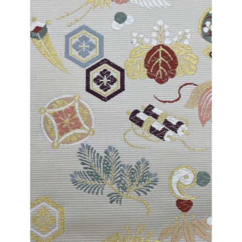 山下織物　六通柄袋帯　招福宝尽くし　金銀糸　アイボリー　和装　仕立て上がり