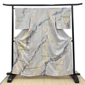 千總謹製　訪問着　袷　Mサイズ　三越　落款有　刺繍　金彩　正絹　銀鼠色　和装