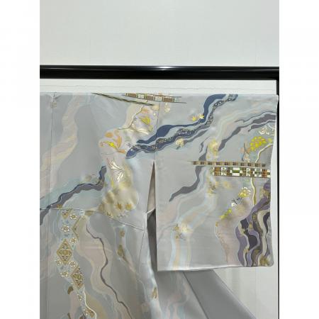 千總謹製 訪問着 袷 Mサイズ 三越 落款有 刺繍 金彩 正絹 銀鼠色 和装