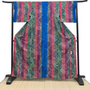 前田仁仙　小紋　袷　Lサイズ　やまと　落款有　仁仙更紗　お召地　緑色　青色　和装