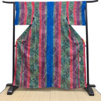 前田仁仙　小紋　袷　Lサイズ　やまと　落款有　仁仙更紗　お召地　緑色　青色　和装