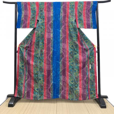 前田仁仙 小紋 袷 Lサイズ やまと 落款有 仁仙更紗 お召地 緑色 青色