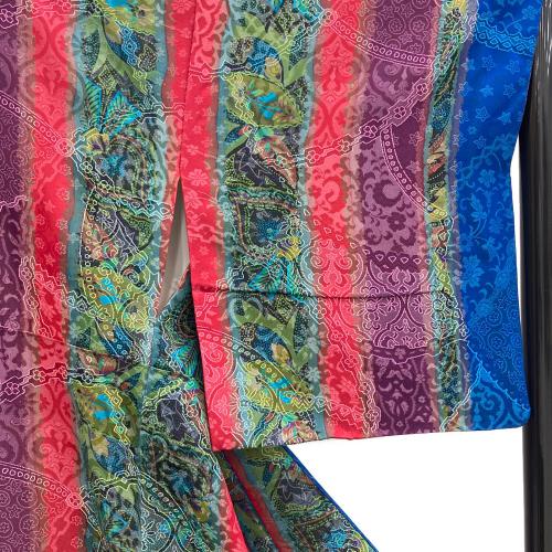 前田仁仙　小紋　袷　Lサイズ　やまと　落款有　仁仙更紗　お召地　緑色　青色　和装