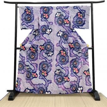 浴衣　Mサイズ　絞り　花　しつけ糸付　絞り浴衣 綿　紺色　桃色　和装