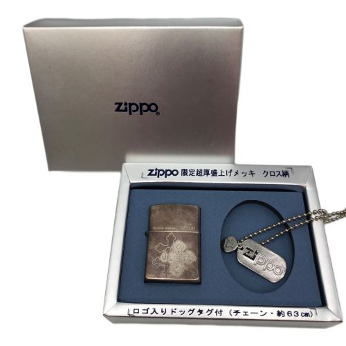 ZIPPO 限定超厚盛上げメッキ クロス柄 ロゴ入りドッグタグ付き 2000