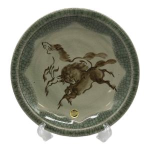 相馬焼 (ソウマヤキ) 青磁鉄絵三馬図大皿 俊峰窯