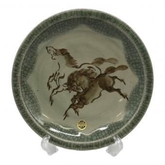 相馬焼 (ソウマヤキ) 青磁鉄絵三馬図大皿 俊峰窯