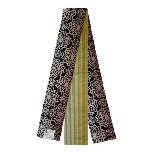 小杉織物　半幅帯　リバーシブル　花柄　文様　長さ約4m　巾約17cm　化繊　黒色　仕立て上がり 和装