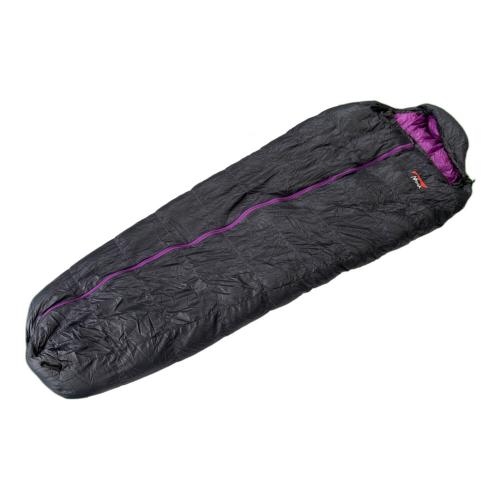 NANGA (ナンガ) マミー型シュラフ(ダウン) ブラック×パープル/純正ケース欠品/非純正ケース（ロゴス）付/センタージップ オーロラライト450DX 【春～秋用】 Sサイズ
