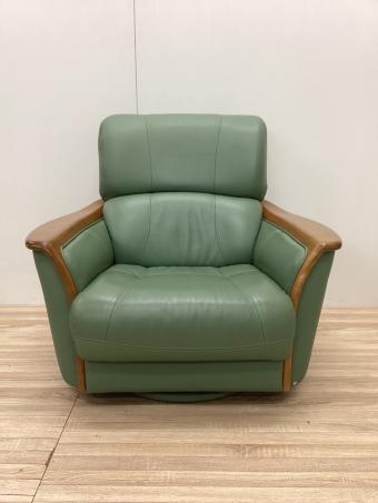 浜本工芸 (ハマモトコウゲイ) 1人掛けソファー グリーン  回転式 A-1801R レザー×ナラ材