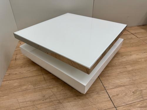 HOBANG センターテーブル ホワイト×シルバー  回転式/ガラス天板 幅80㎝