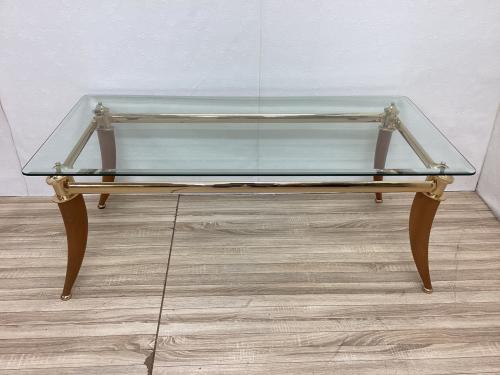 ローテーブル ゴールド×ナチュラル アンティーク調 ガラス天板 ガラス